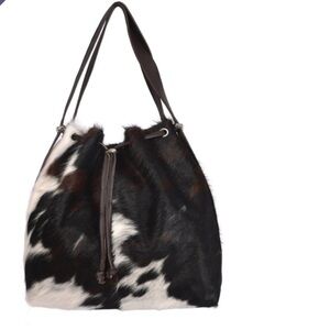 Cowhide Drawstring Shoulder Bag in Black, White & Brown